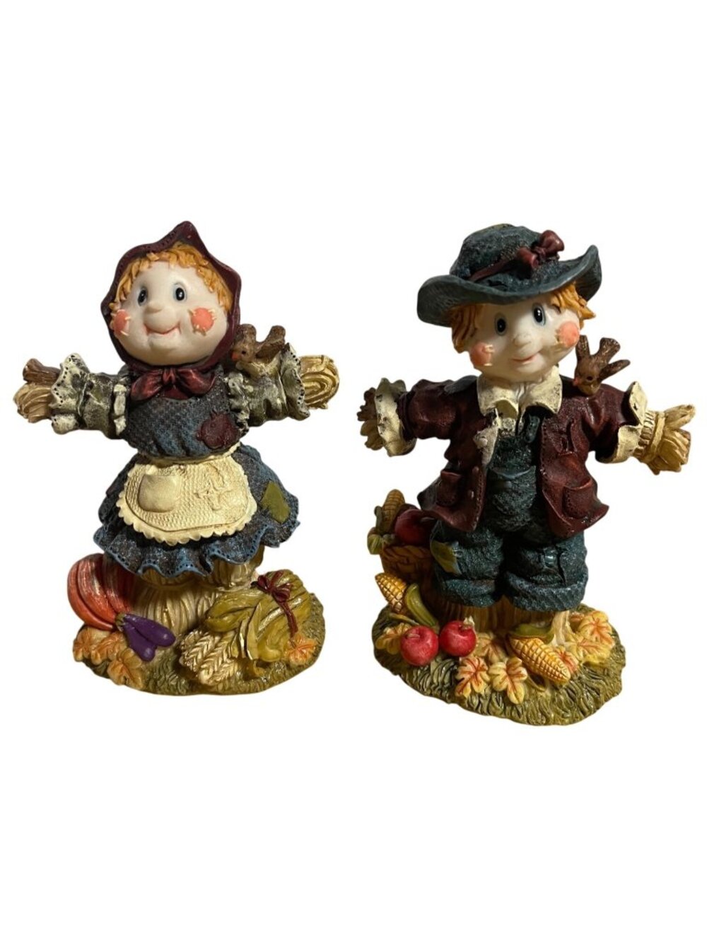 Scarecrow Figurines Boy & Girl Harvest Theme Fall Décor Hand-Painted 5" Detailed